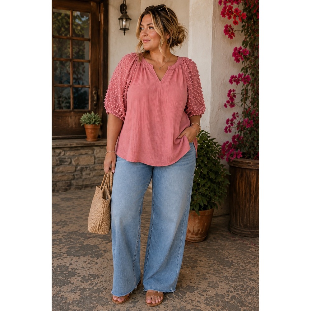 Umgee USA Plus XL Pink Gauze Swiss Dot Puff Sleeve Split V-Neck‎ Boho Blouse Top